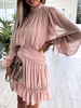 Robe de Patineuse Courte Femme en Mousseline à Col Montant avec Manches Longues Amples Coupe Cintrée Bas Evasée Unicolore