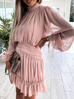 Robe de Patineuse Courte Femme en Mousseline à Col Montant avec Manches Longues Amples Coupe Cintrée Bas Evasée Unicolore