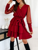 Robe de Patineuse Courte Femme en Mousseline à Col V avec Manches Longues Amples Coupe Cintrée Bas Evasée Unicolore