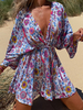 Robe de Patineuse Courte Femme Imprimé à Col Décolleté en V avec Manches Longues Coupe Cintrée Bas Evasée