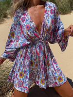 Robe de Patineuse Courte Femme Imprimé à Col Décolleté en V avec Manches Longues Coupe Cintrée Bas Evasée