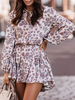 Robe de Patineuse Courte Femme Imprimé à Col Revers avec Manches Longues Amples Coupe Cintrée Bas Evasée Bicolores