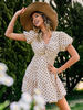 Robe de Patineuse Courte Femme Imprimé à Col V avec Manches Courtes Amples Coupe Cintrée Bas Evasée Bicolores