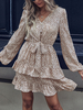Robe de Patineuse Courte Femme Imprimé à Col V avec Manches Longues Amples Coupe Cintrée à Lacets Bas Evasée Bicolores