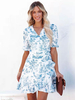 Robe de Patineuse Courte Femme Imprimé avec Manches Courtes Amples à Col V Coupe Cintrée Bicolores