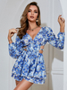 Robe de Patineuse Courte Imprimé à Col Décolleté en V avec Manches Longues Coupe Cintrée Bicolores Robe Sexy