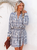 Robe de Patineuse Courte Imprimé à Col Revers avec Manches Longues Coupe Cintrée Bas Evasée Bicolores Robe de Chemisier
