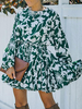 Robe de Patineuse Courte Imprimé Femme à Col Rond avec Manches Longues Amples Coupe Cintrée Bas Evasée Bicolores