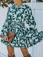 Robe de Patineuse Courte Imprimé Femme à Col Rond avec Manches Longues Amples Coupe Cintrée Bas Evasée Bicolores