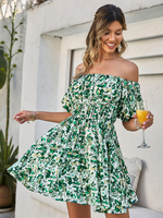 Robe de Patineuse Courte Imprimé Femme avec Manches Courtes Amples Coupe Cintrée Bas Evasée Robe Eté