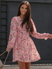 Robe de Patineuse Courte Imprimé Femme avec Manches Longues Amples à Col V Coupe Cintrée Bas Evasée