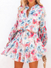 Robe de Patineuse Courte Imprimé Fleurie à Col Rond avec Manches Longues Coupe Cintrée Bas Evasée Robe Femme