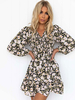 Robe de Patineuse Courte Imprimé Fleurie Femme à Col V avec Manches Longues Amples Coupe Cintrée Bas Evasée Robe Femme