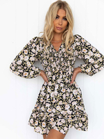 Robe de Patineuse Courte Imprimé Fleurie Femme à Col V avec Manches Longues Amples Coupe Cintrée Bas Evasée Robe Femme