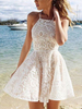 Robe de Patineuse en Dentelle Courte Imprimés avec Bretelles à Col Carré sans Manches avec Dos Nu Coupe Cintrée Bas Evasée Unicolore