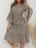 Robe de Patineuse Imprimé à Col Rond avec Manches Longues Volantes Coupe Cintrée à Lacets Bas Evasée Bicolores