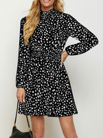 Robe de Patineuse Imprimé Courte à Col Montant avec Manches Longues Coupe Cintrée Bicolores