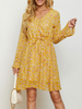 Robe de Patineuse Imprimé Courte à Col V avec Manches Longues Coupe Cintrée