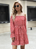 Robe de Patineuse Imprimé Courte avec Epaule Dénudée avec Manches Longues Coupe Cintrée à Lacets Bas Evasée Bicolores