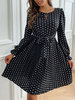 Robe de Patineuse Imprimé Courte Femme à Col Rond avec Manches Longues Coupe Cintrée à Lacets Bas Evasée Bicolores