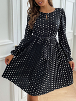 Robe de Patineuse Imprimé Courte Femme à Col Rond avec Manches Longues Coupe Cintrée à Lacets Bas Evasée Bicolores
