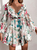 Robe de Patineuse Imprimé Courte Femme avec Manches Longues Amples à Col Décolleté en V Coupe Cintrée Bas Evasée