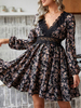 Robe de Patineuse Imprimé Courte Femme avec Manches Longues Amples à Col Décolleté en V Coupe Cintrée Bas Evasée
