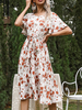 Robe de Patineuse Imprimé Femme à Col Rond avec Manches Courtes Volantes Coupe Cintrée à Lacets Bas Evasée