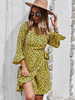 Robe de Patineuse Imprimé Femme en Mousseline avec Manches Longues Amples à Col V Coupe Cintrée à Lacets Robe Femme