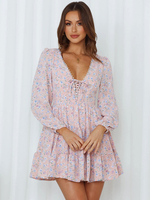 Robe de Patineuse Imprimé Fleurie Courte à Col V avec Manches Longues Amples Coupe Cintrée Bas Evasée Bicolores Robe Femme