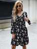 Robe de Patineuse Imprimé Fleurie Courte à Col V avec Manches Longues Amples Coupe Cintrée Bicolores