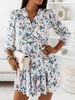 Robe de Patineuse Imprimé Fleurie Courte Femme à Col V avec Manches Longues Coupe Cintrée Robe Femme