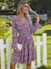 Robe de Patineuse Imprimé Fleurie en Mousseline avec Manches Longues Volantes à Col V Coupe Cintrée Robe Femme