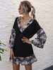 Robe de Patineuse Imprimé Fleurie en Mousseline avec Manches Longues Volantes à Col V Coupe Cintrée Robe Femme