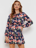 Robe de Patineuse Imprimé Fleurie Femme à Col Rond avec Manches Longues Coupe Cintrée Bas Evasée Robe Femme