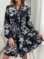 Robe de Patineuse Imprimé Fleurie Femme Courte à Col Revers avec Manches Longues Amples Coupe Cintrée Bas Evasée