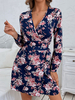 Robe de Patineuse Imprimé Fleurie Femme Courte à Col V avec Manches Longues Amples Coupe Cintrée Bas Evasée