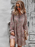 Robe de Patineuse Imprimé Fleurie Femme en Mousseline avec Manches Longues Amples à Col Rond à Lacets Coupe Cintrée Robe Femme
