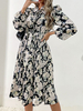Robe de Patineuse Imprimé Longue à Col Rond avec Manches Longues Coupe Cintrée Bas Evasée Robe Femme