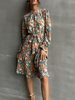 Robe de Patineuse Imprimé Longue à Col Rond avec Manches Longues Coupe Cintrée Bas Evasée Robe Femme
