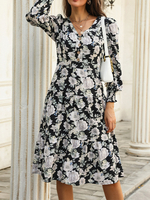 Robe de Patineuse Imprimé Longue à Col V avec Manches Longues Coupe Cintrée Bas Evasée Bicolores Robe Femme