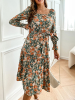 Robe de Patineuse Imprimé Longue Femme à Col Carré avec Manches Longues Amples Coupe Cintrée Bas Evasée