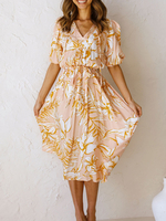 Robe de Patineuse Imprimé Mi-longue à Col V avec Manches Courtes Coupe Cintrée Robe Femme