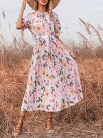 Robe de Patineuse Longue Imprimé Fleurie à Col Rond à Lacets avec Manches Courtes Amples Coupe Cintrée à Lacets Bas Evasée