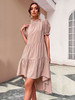Robe de Patineuse Mi-longue à Col Montant avec Manches Courtes Amples Bas Evasée Unicolore