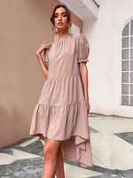 Robe de Patineuse Mi-longue à Col Montant avec Manches Courtes Amples Bas Evasée Unicolore
