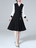 Robe de Patineuse Mi-longue Femme à Col V avec Manches Longues Coupe Cintrée à Lacets Bas Evasée Bicolores