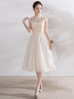 Robe de rentrée scolaire ivoire en organza col montant en dentelle manche courte longueur au genou robe de cocktail