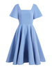 Robe de Rétro Vintage 1950s Courte à Col Carré avec Manches Courtes Coupe Cintrée Bas Evasée Unicolore Robe Femme