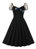Robe de Rétro Vintage 1950s Courte Femme à Col V avec Manches Courtes Amples Imprimé Coupe Cintrée Bas Evasée Bicolores